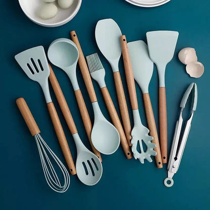 12 PCS Natural Wood/Silicone Kitchen Utensils Set Green - Ecovibes