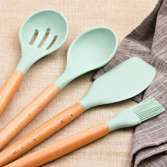 12 PCS Natural Wood/Silicone Kitchen Utensils Set Green - Ecovibes