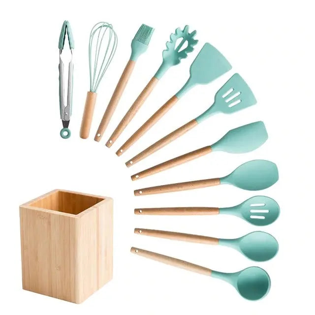 12 PCS Natural Wood/Silicone Kitchen Utensils Set Mint Green - Ecovibes